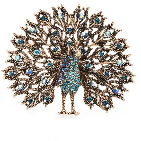 Peacock Blue Crystal Bling Brooch Womens Casual Rhinestone Sparkling Pin New - Picture 1 of 6